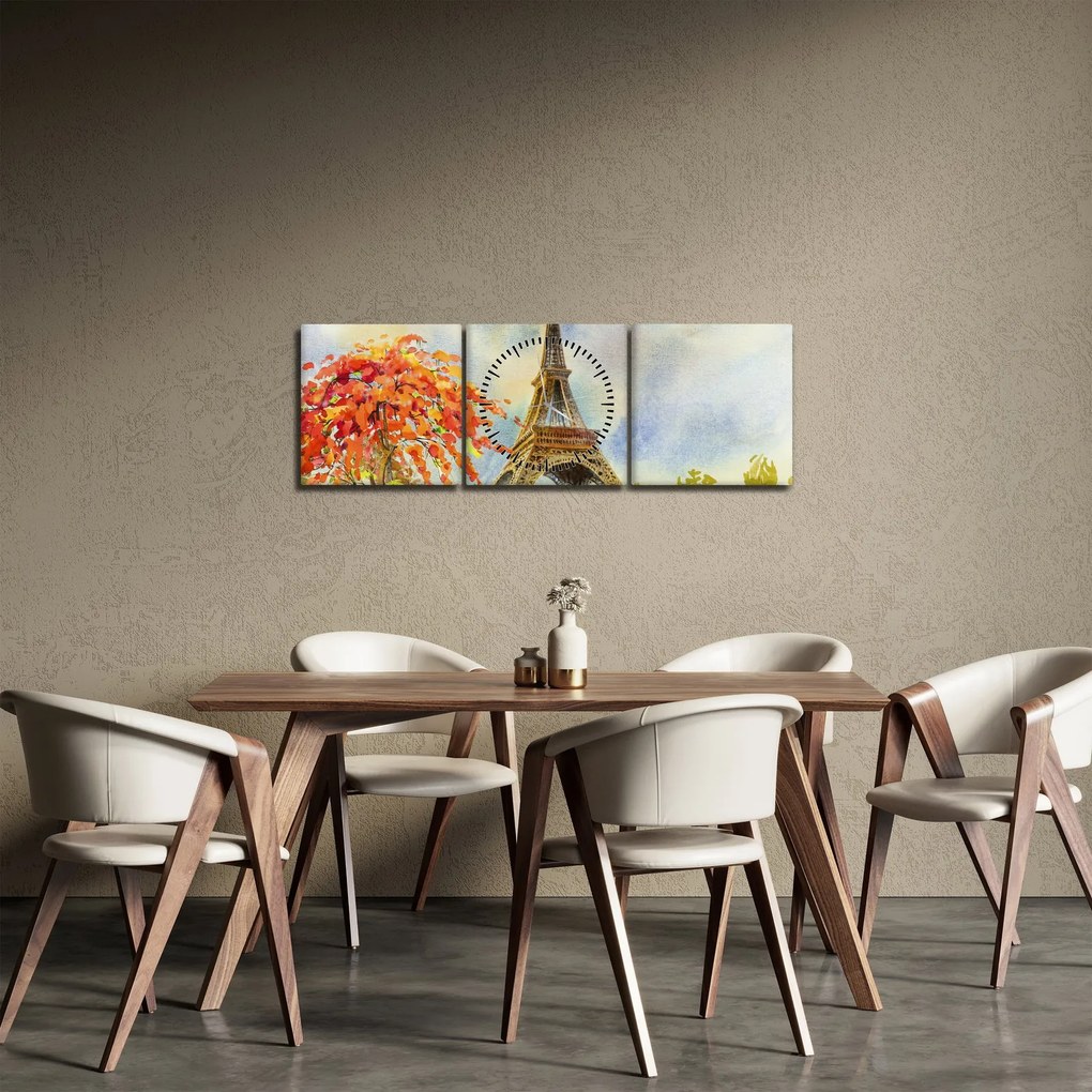 Maľovaný obraz Eiffelovej veže (s hodinami) (90x30 cm)