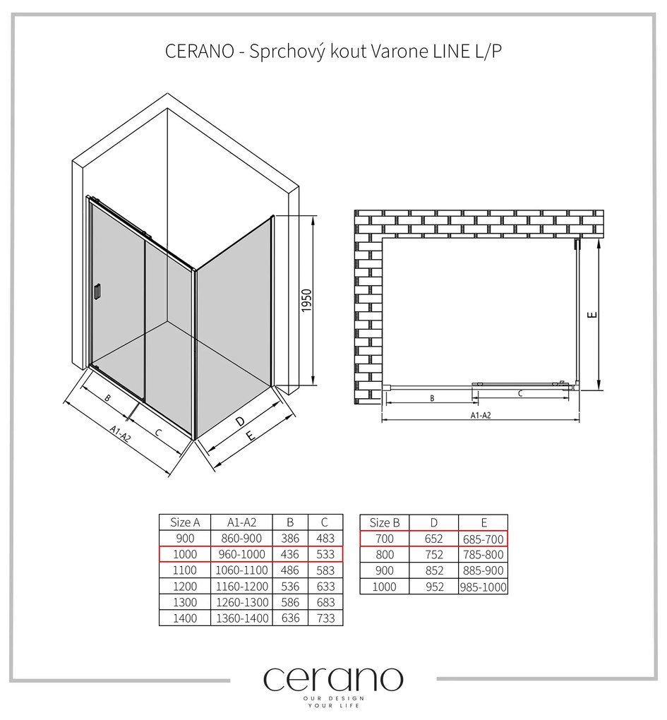 CERANO - Sprchovací kút Varone LINE L/P - čierna matná, grafitové sklo - 100x70 cm - posuvný, CER-CER-8050BD7212
