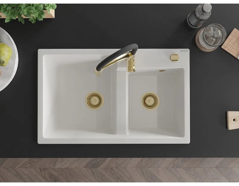 Mexen Tomas, 2-komorový granitový drez 800x500x190 mm a drezová batéria Aster, biela, 6516-20-73450-57-G