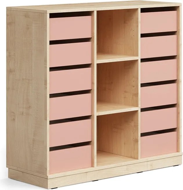 Úložná skrinka CASPER, 12 zásuviek, 3 priehradky, so soklom, breza/tmavoružová