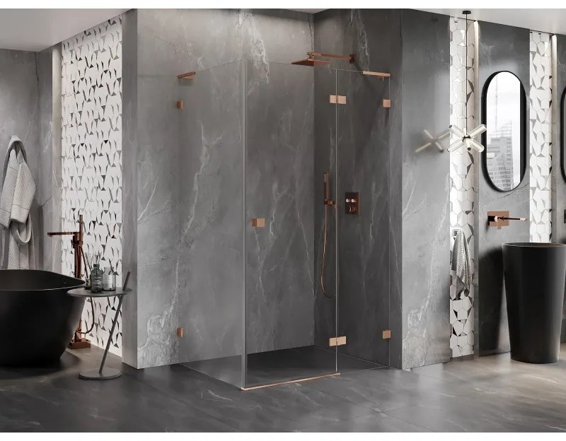 Mexen Lunar, L pravostranný výklopný sprchový kút 95 x 90 cm, 8mm číre sklo, profil medená matná, 834L-095-090-65-00-P