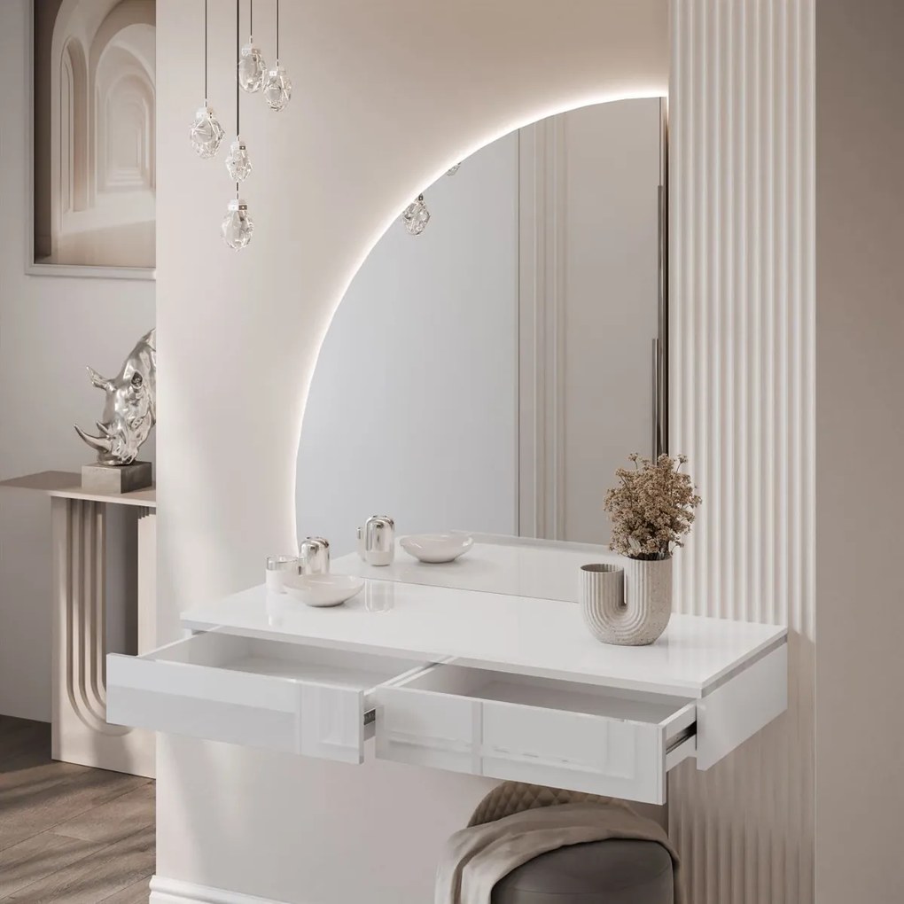 TOALETNÝ STOLÍK NESSIE BIELY LESK + STRIEBORNÝ + ZRKADLO POLMESIAC