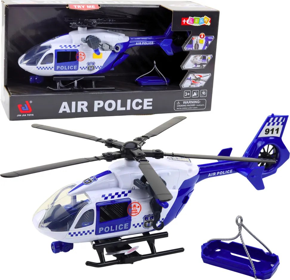 LEAN Toys Policajný vrtuľník – hák, nosidlá, svetlá, zvuky, mierka 1:12