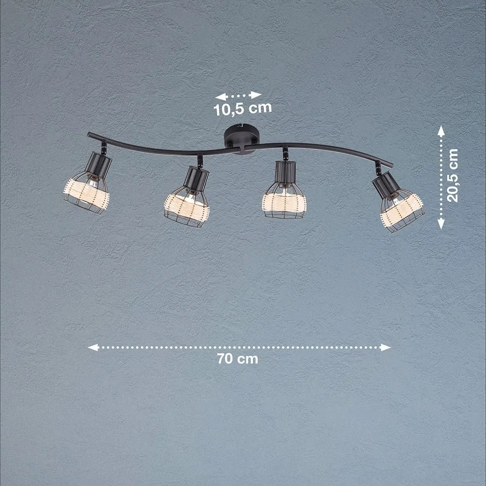 Čierne stropné svietidlo s kovovo-ratanovým tienidlom 10,5x70 cm Straw – Fischer &amp; Honsel