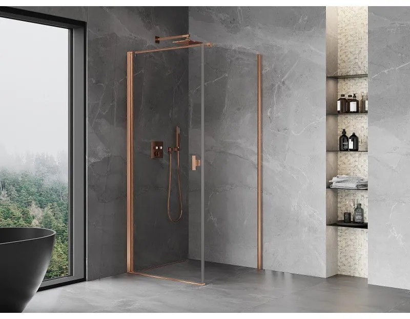 Mexen Mist-B, 1-krídlový výklopný sprchový kút 85 x 85 cm, číre sklo, medený matný profil, 8A2T-085-085-65-00