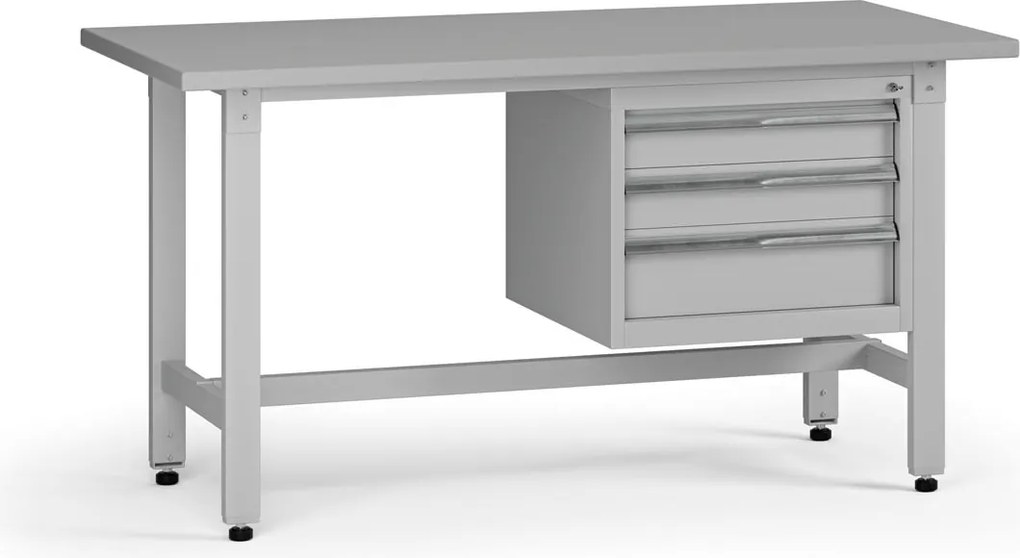 Výškovo nastaviteľný dielenský stôl G5, 1500 x 750 x 800-1000 mm, 1x kontajner, 3 zásuvky, sivá