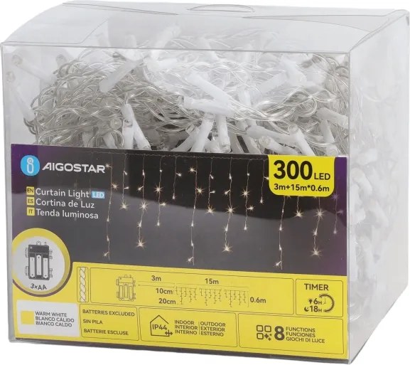 Aigostar - LED vonkajší vianočný reťazec 300xLED/8 funkcií 3xAA 18x06m IP44 teplá biela