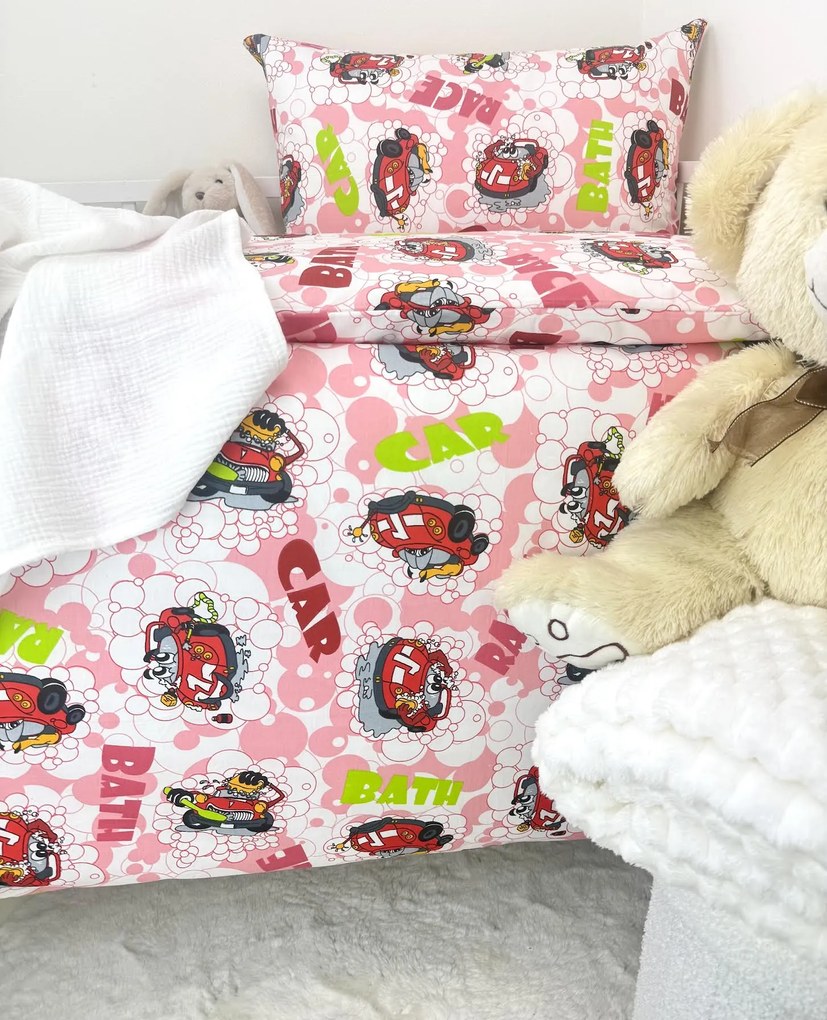 Detské obliečky Bubble Car 90x130 / 45x65 cm – 100% bavlna, veselý motív červených autíčok a bubliniek, zips