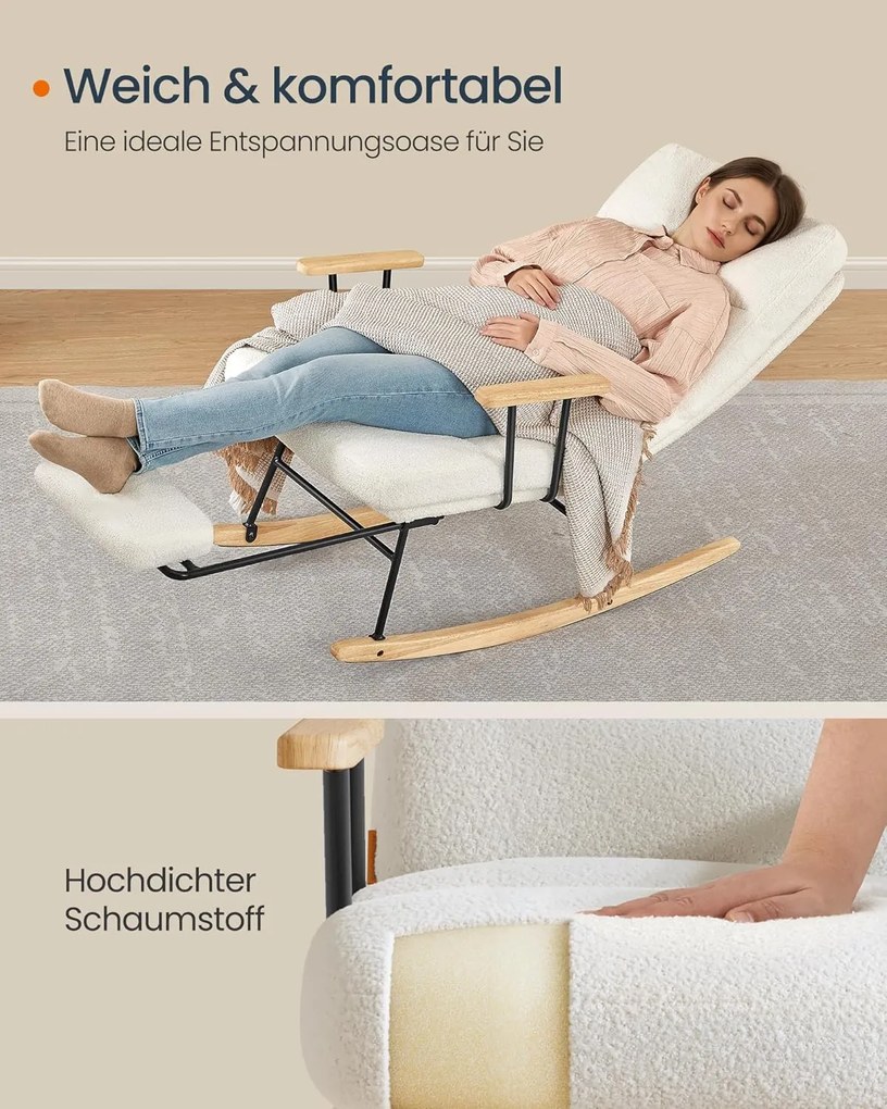 Hojdacie kreslo, plyšová látka, 4-polohové nastaviteľné, do 160 kg, krémovo biela farba