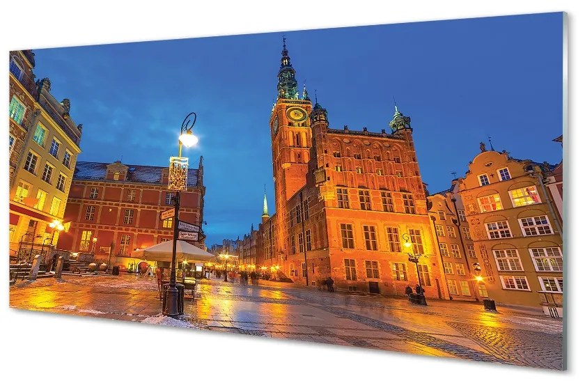 Sklenený obraz Gdańsk Staré Mesto v noci kostol 125x50 cm