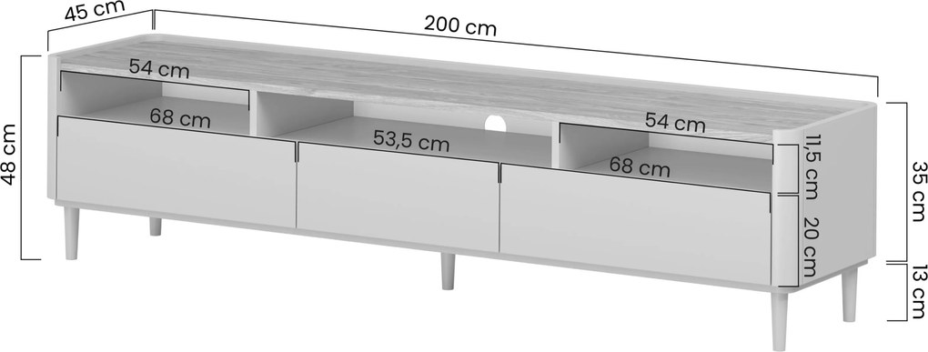 TV stolík Elivo 200 cm na nožičkách - eukalyptus / dub baltic dune
