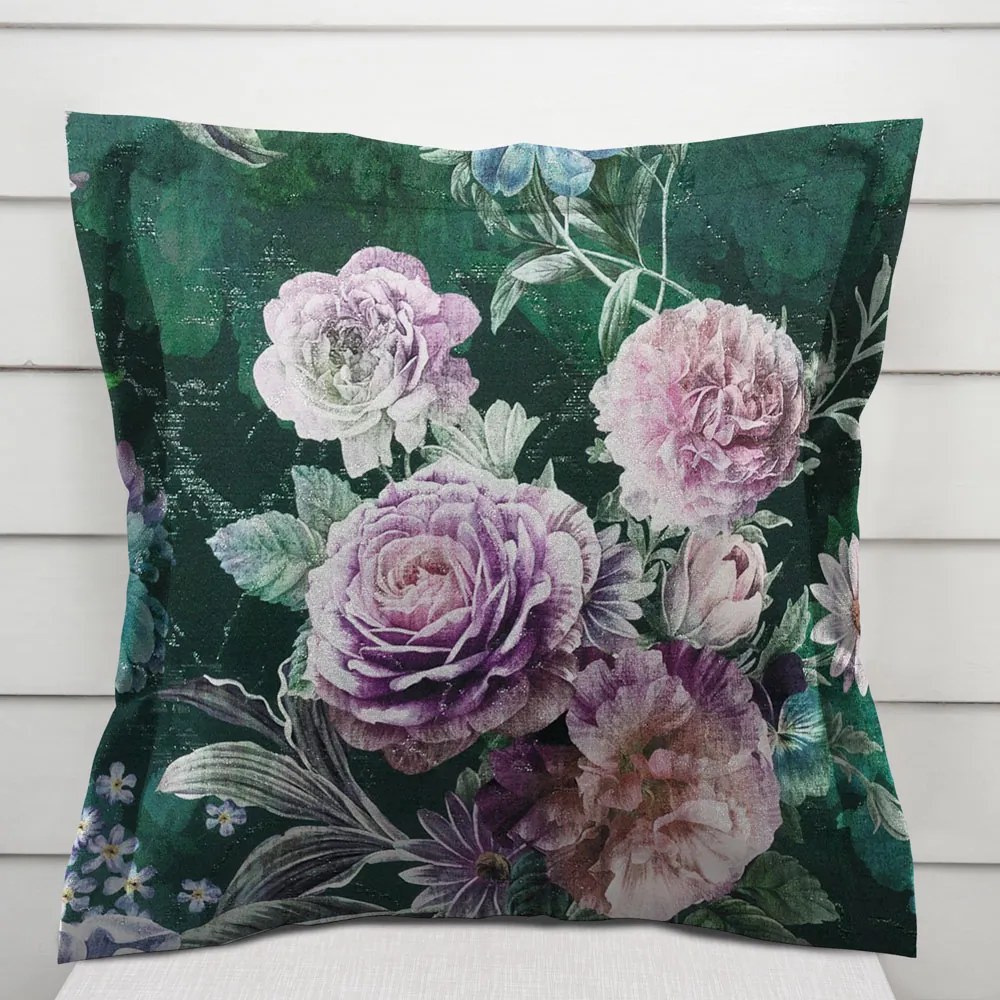 Biante Dekoračná obliečka na vankúš s lemom Parma PM-114 Fialové kvety na tmavo zelenom 45 x 45 cm