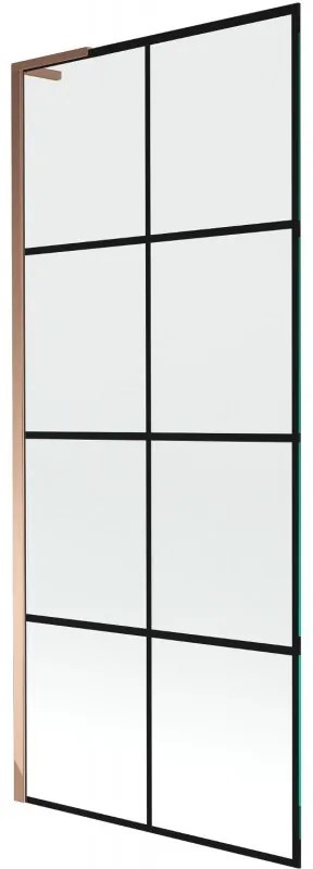 Mexen Next L, 1-krídlová vaňová zástena 80 x 150 cm, 6mm číre sklo-čierny vzor, ružové zlato profil, 895-080-000-03-77-60