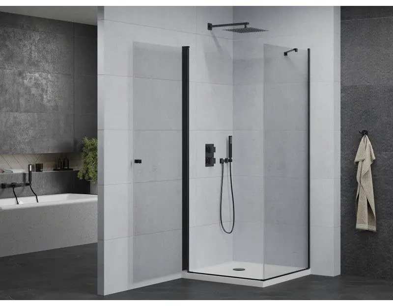 Mexen Pretoria, sprchovací kút 70 (dvere) x 70 (stena) cm, 6mm číre sklo, čierny profil + biela sprchová vanička, 852-070-070-70-00-4010B