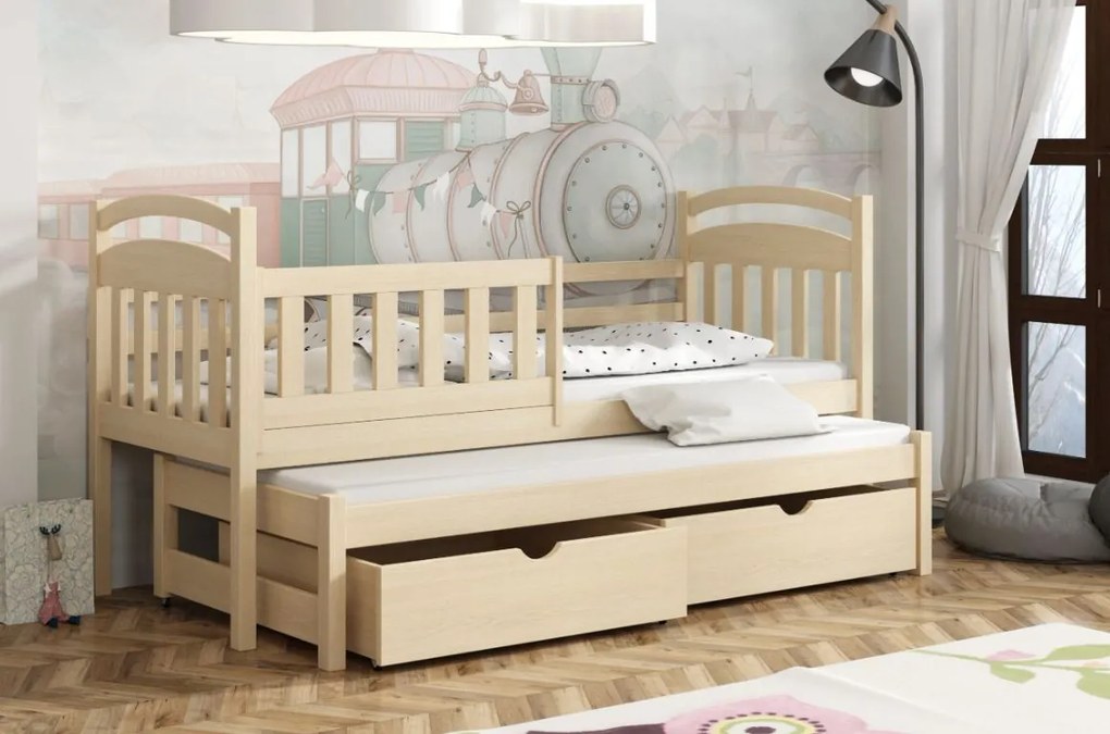 Detská posteľ z masívu borovice KAŠPAR s prístelkou a šuplíkmi - 200x90 cm - PRÍRODNÁ BOROVICA