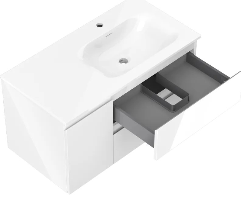 Mexen Orio, kúpeľňová skrinka 90 cm s pravým umývadlom Vela, 2S, 1D, biela lesklá, 91A13-09047-3-BBFFF00-W23P00