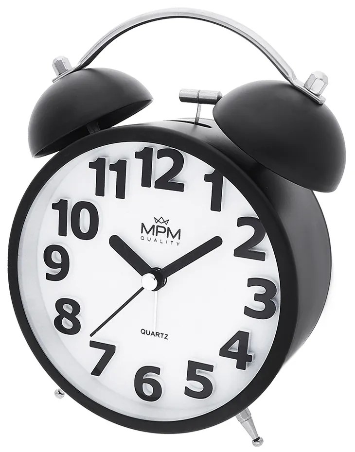 Analógový budík Happy Morning MPM C01.4056.90 - čierny kovový, klasický dizajn