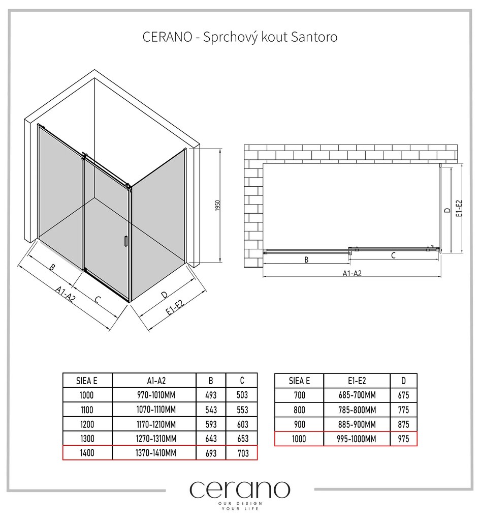 Cerano Santoro, sprchovací kút s posuvnými dverami 140(dvere) x 100(stena) x 195 cm, 6mm šedé sklo, čierny profil, CER-CER-425491