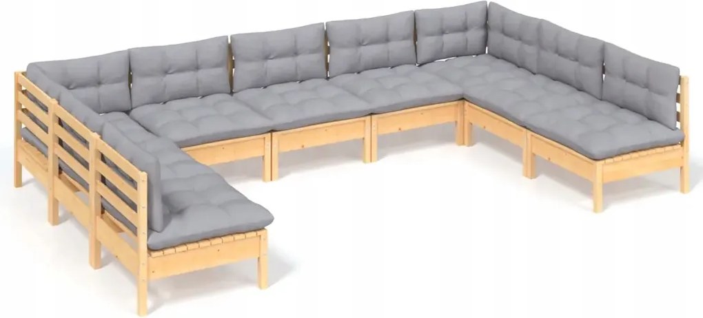 vidaXL 9-dielna sedacia súprava do záhrady, sivé vankúše, borovica