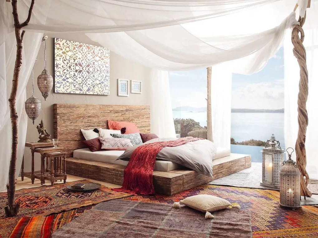 furniture-nabytek.cz - Masivní postel z mangového dřeva, pruhovaná, lakovaná, hnědá