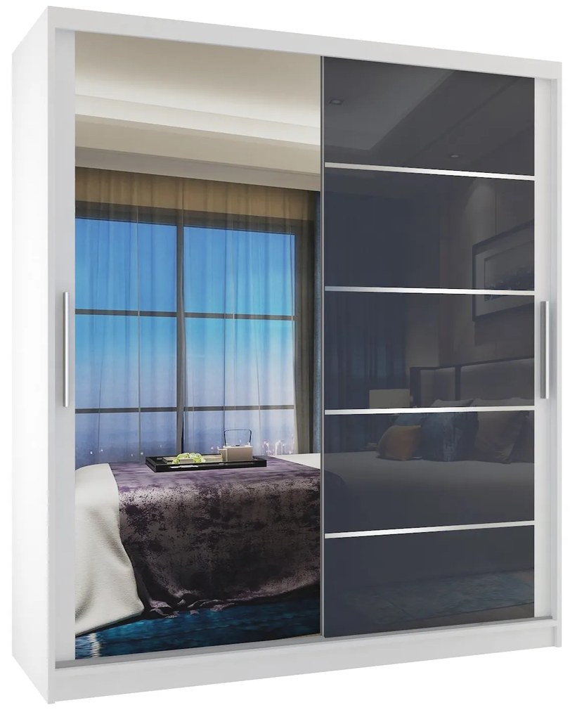 Šatníková skriňa 133 cm Belini biely mat / šedý lesk s posuvnými dverami zrkadlom a zásuvkami  MGB SZP6/1/W/1L5S/KLAL