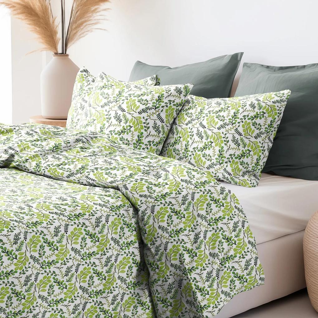 Goldea bavlnené posteľné obliečky - zelené lístočky 140 x 200 a 70 x 90 cm