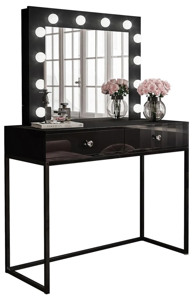 Kozmetický toaletný stolík so zrkadlom GWEN  čierny lesk + čierny podstavec
