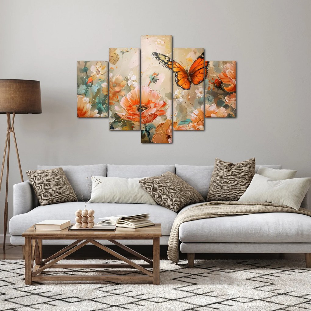 Obraz - Motýľ a kvety, olejomaľba (150x105 cm)