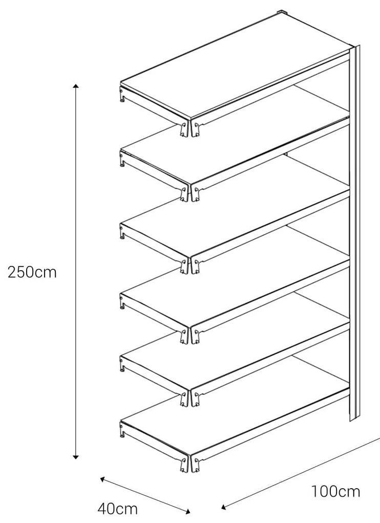 Bezskrutkový kovový regál prídavný modul 250x100x40cm T profil, 6 políc