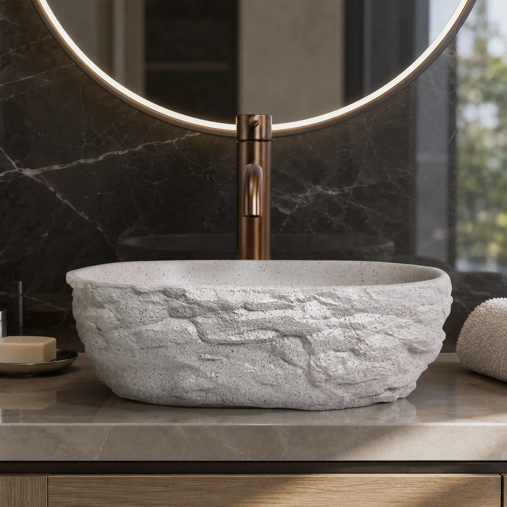 Rea Evora, oválne umývadlo na dosku, 375x255x120mm, béžová-imitácia kameňa, REA-U3225