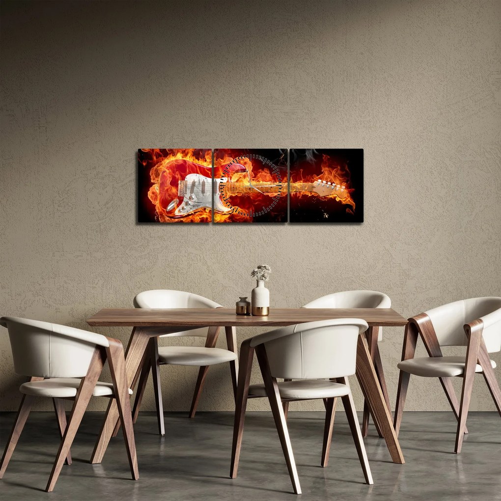 Obraz - Gitara v plameňoch (s hodinami) (90x30 cm)