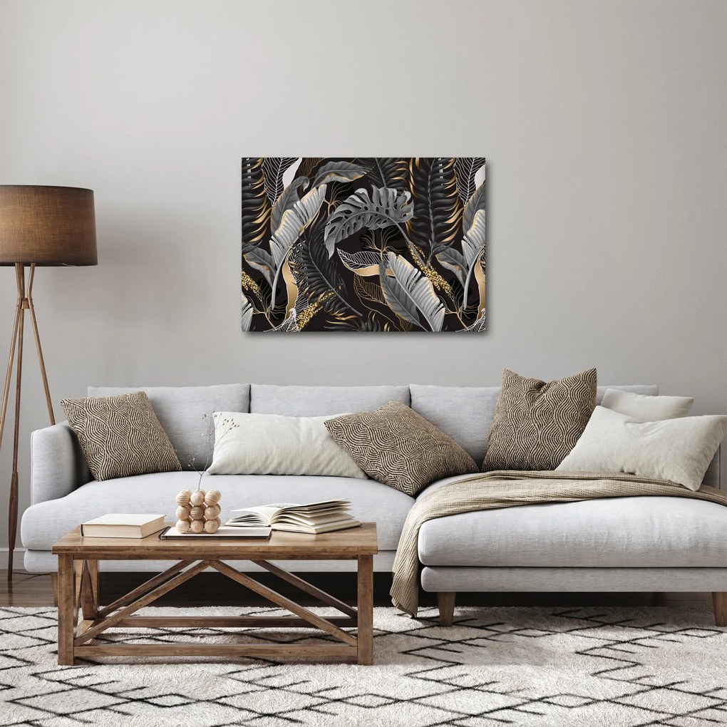 Obraz - Tropické listy v čierno-zlatej (70x50 cm)