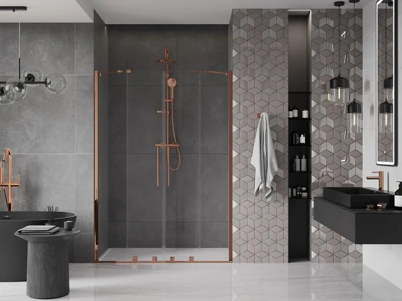 Mexen Velar Duo, posuvné dvere do otvoru 140x200 cm, 8mm číre sklo, ružové zlato, 871-140-000-02-60