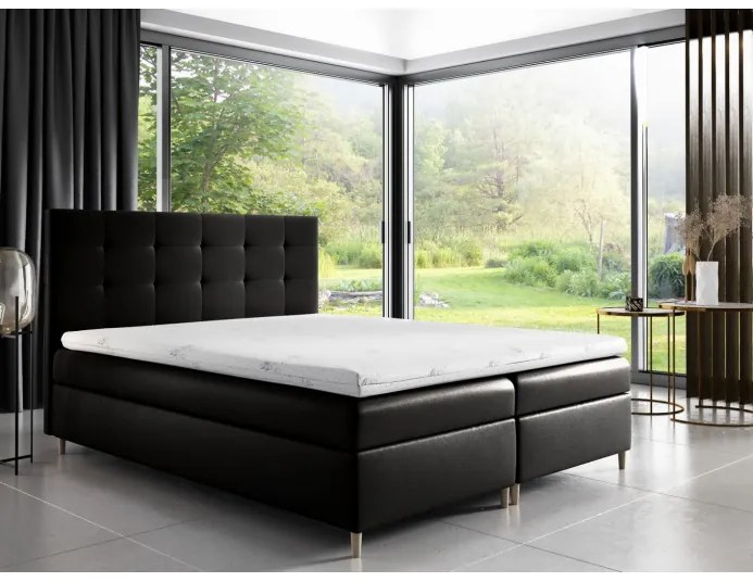 Čalúnená posteľ Alexa s úložným priestororm čierna eko koža 180 x 200 + topper zdarma