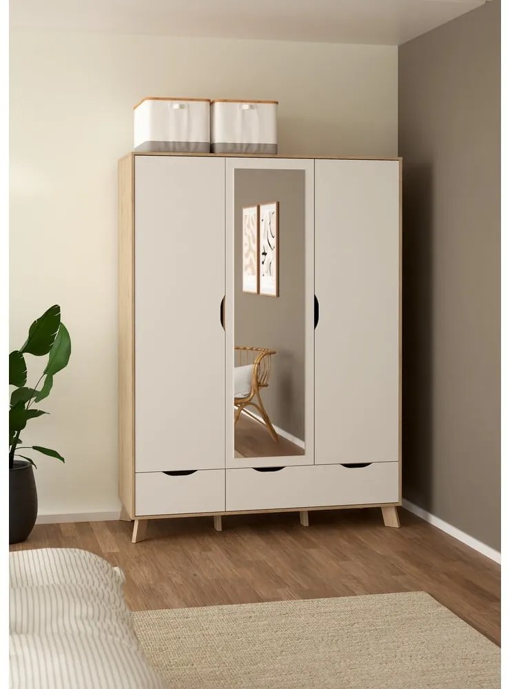 Biela/v prírodnej farbe šatníková skriňa v dekore duba so zrkadlom 147x201x58 cm Ikast – Tvilum