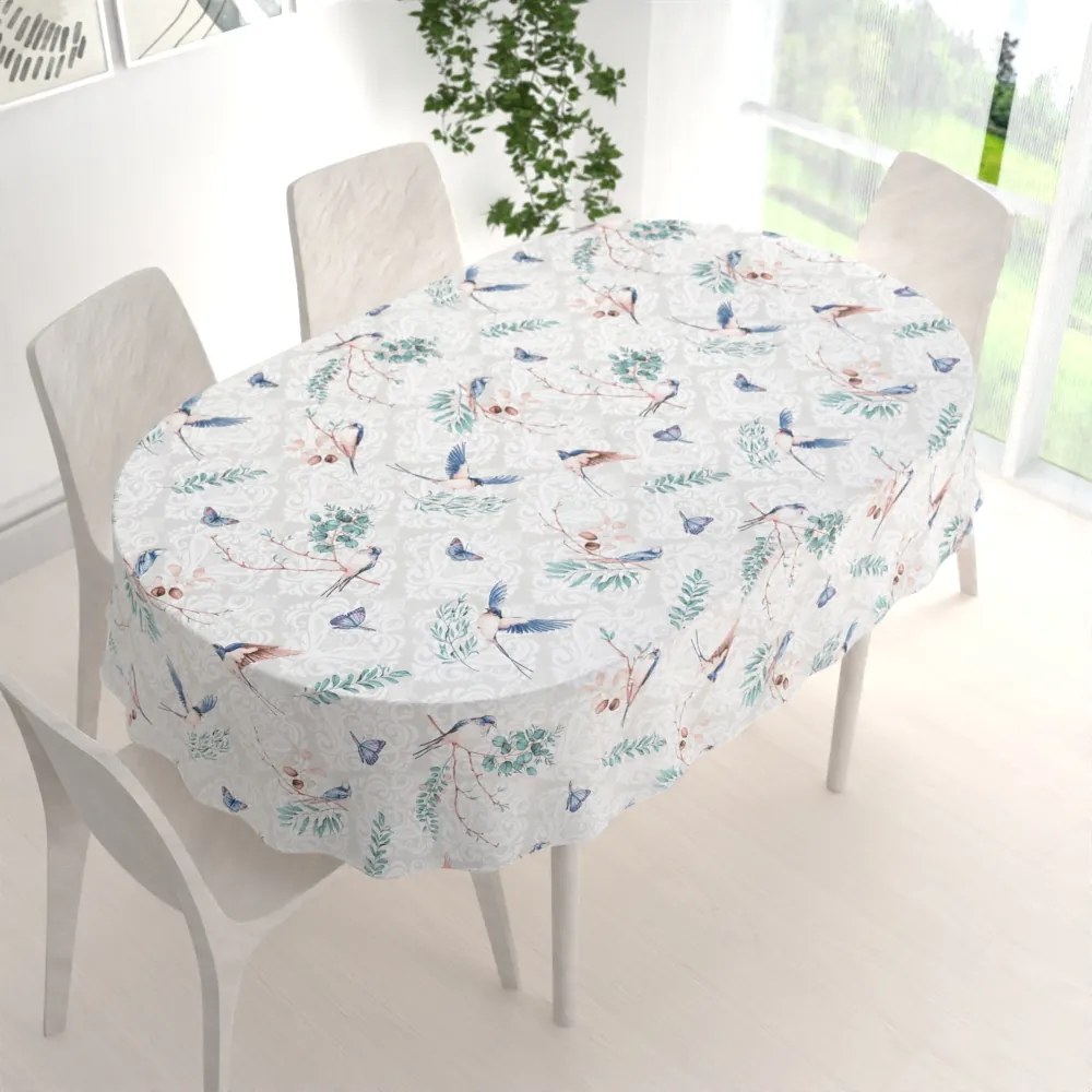 Biante Bavlnený oválny obrus Sandra SA-471 Lastovičky s motýlikmi na svetlo sivom ornamente 50x100 cm