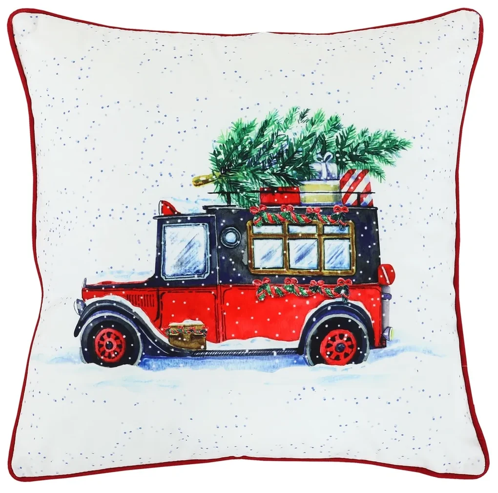 Vankúš zamatový s výplňou, biely - vianočné auto, 100% polyester, 45 x 45 cm.