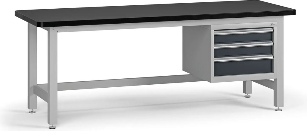 Pracovný stôl do dielne G4 so závesným boxom na náradie, MDF + PVC doska, 3 zásuvky, 2100 x 750 x 800 mm, grafit