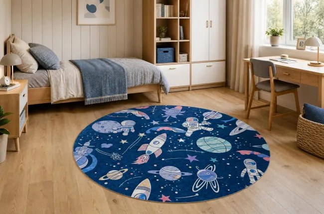 Detský koberec protišmykový BAMBINO 61580 modrý / oranžový kruh