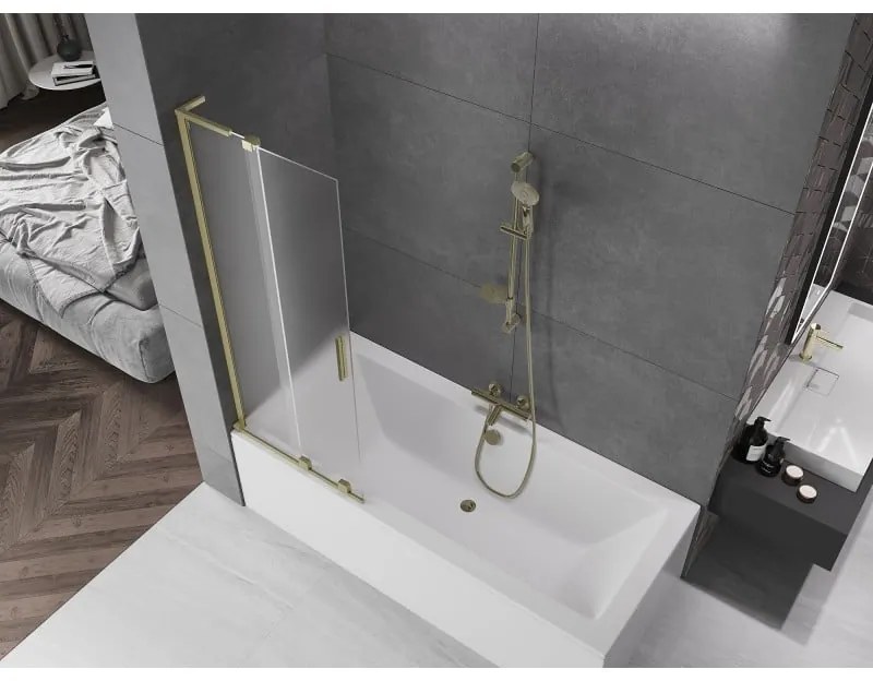 Mexen Velar L, 2-krídlová posuvná vaňová zástena 85 x 150 cm, 8mm sklo námraza, zlatá matná, 896-085-003-31-55