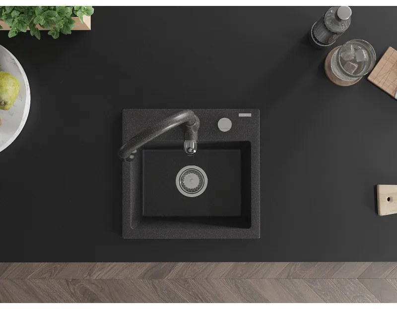 Mexen Milo, 1-komorový granitový drez 435x410x171 mm a drezová batéria Savita, čierna škvrtnitá, 6505-76-672601-76