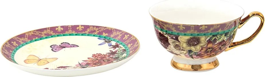 Porcelánová šálka s tanierikom s kvetmi a motýlikami - 12*10*6 cm / Ø 15*2 cm / 200 ml / Ř 15*2 cm / 200 ml
