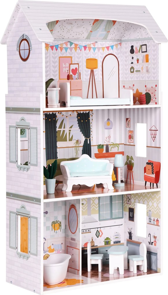 ECOTOYS Domček pre bábiky Alice z MDF, 3 poschodia, 4 izby, 9 dielov nábytku, pre deti 3+