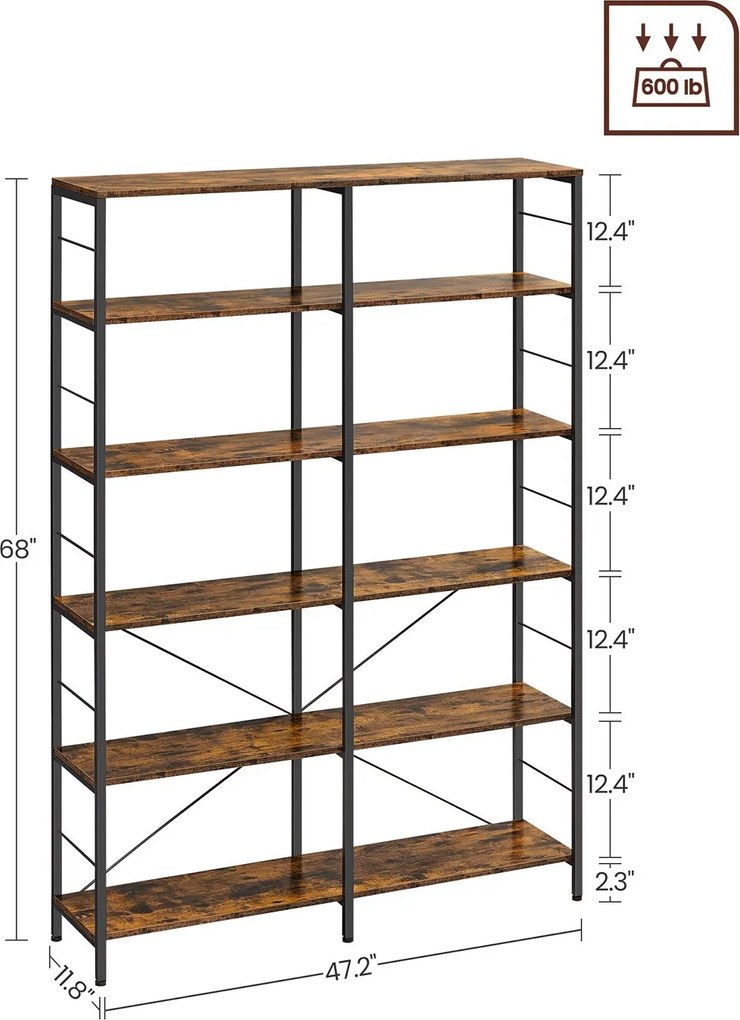 6-poschodová knižnica, vysoký úložný regál, 30 x 120 x 170 cm, hnedá a čierna