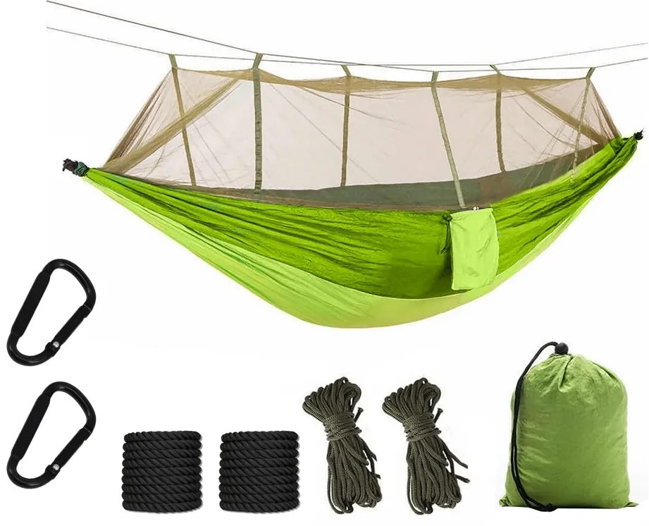 Zaparkorun Outdoorový hamak - hojdacia sieť so sieťkou proti hmyzu - olivová