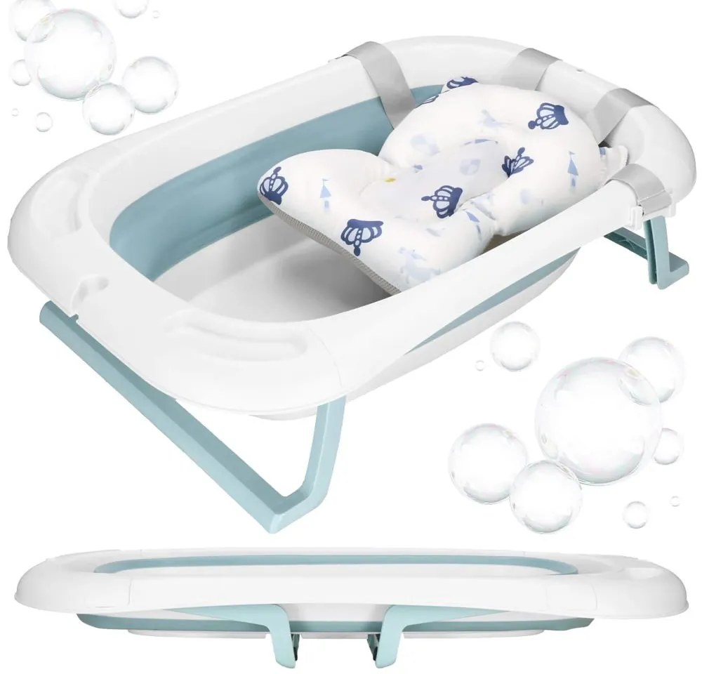 SPRINGOS Skladacia detská vanička 35 L pre bábätká, s teplomerom a vankúšikom, biela a modrá SB0063