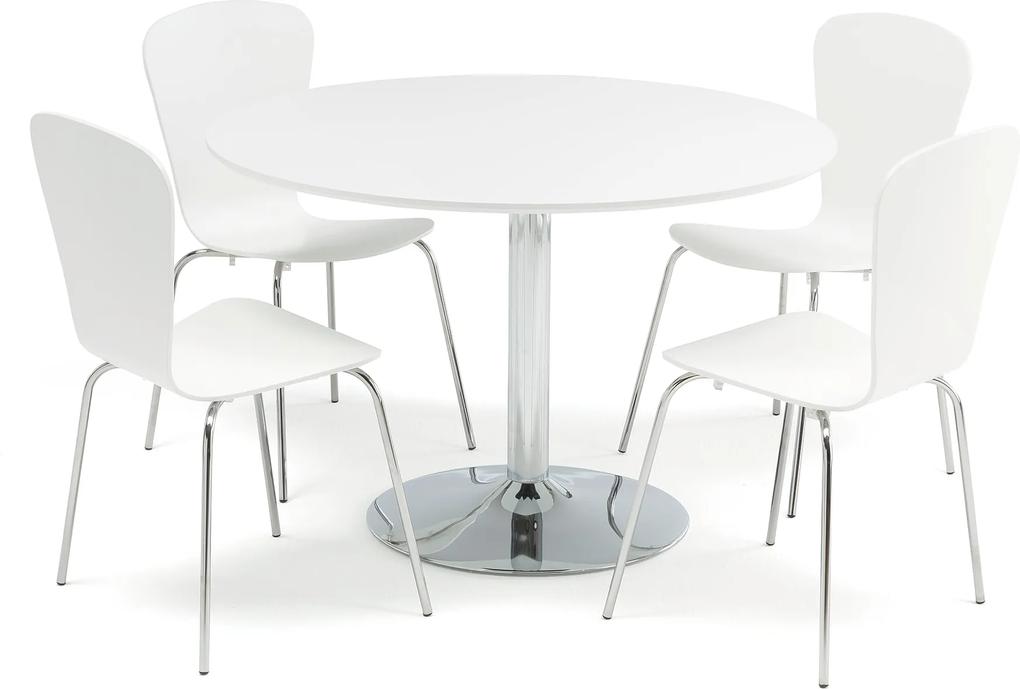 Jedálenská zostava: stôl Ø1100 mm, biely + 4 stoličky, biela