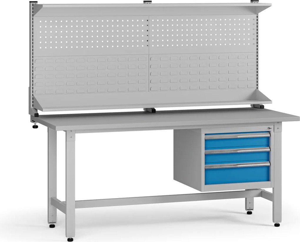 Výškovo nastaviteľný dielenský stôl G5 s nadstavbou, 1800 x 750 x 800-1000 mm, 1x kontajner, 3 zásuvky, modrá