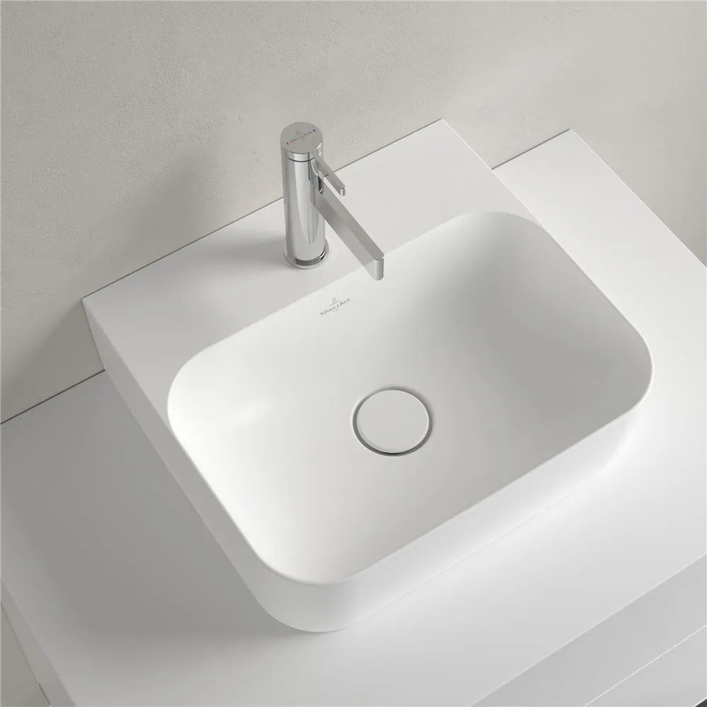 VILLEROY &amp; BOCH Finion závesné umývadielko s otvorom (spodná strana brúsená), so skrytým prepadom, 430 x 390 mm, Stone White, s povrchom CeramicPlus, 43644CRW