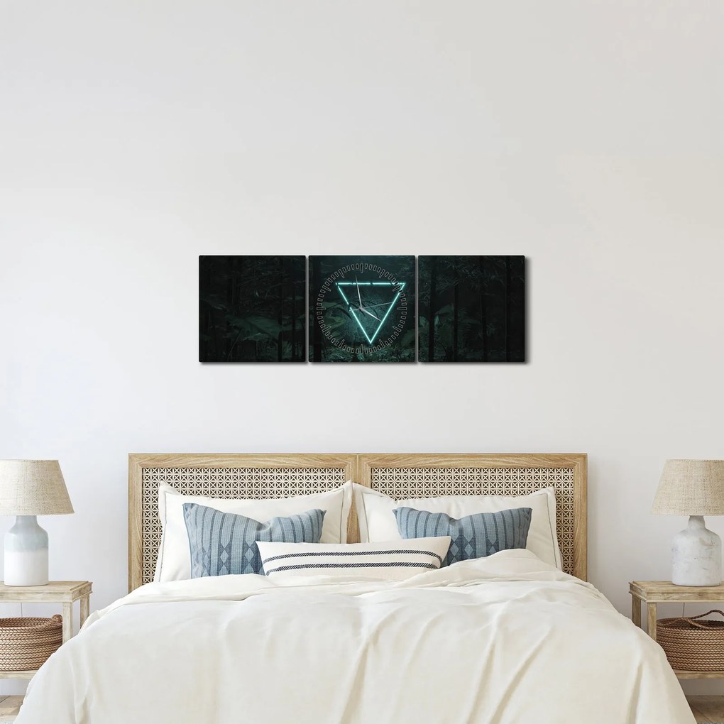 Obraz - Neónový trojuholník v jungli (s hodinami) (90x30 cm)
